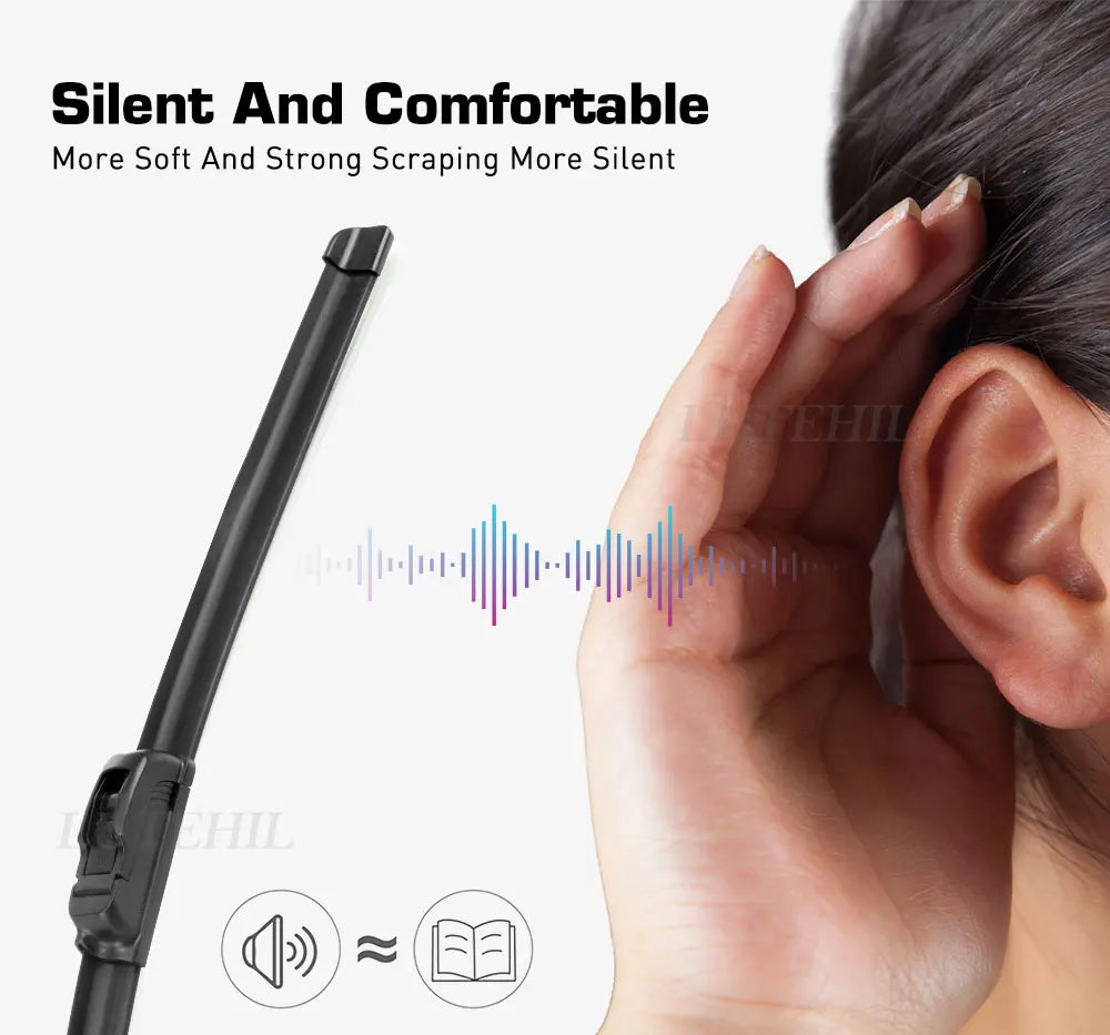 A black Ford Ranger front wiper blade is shown next to a human ear, illustrating silent and comfortable operation.