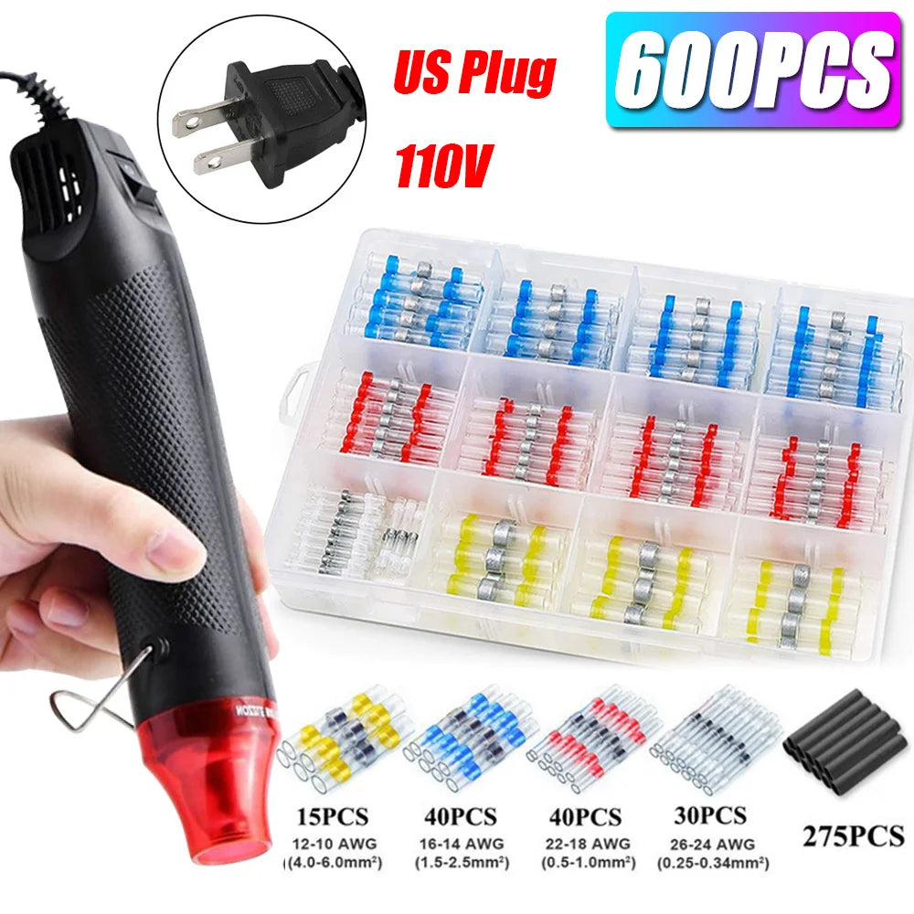 A set of 600 plastic US plug wire terminals and a hot air gun kit with various AWG sizes.