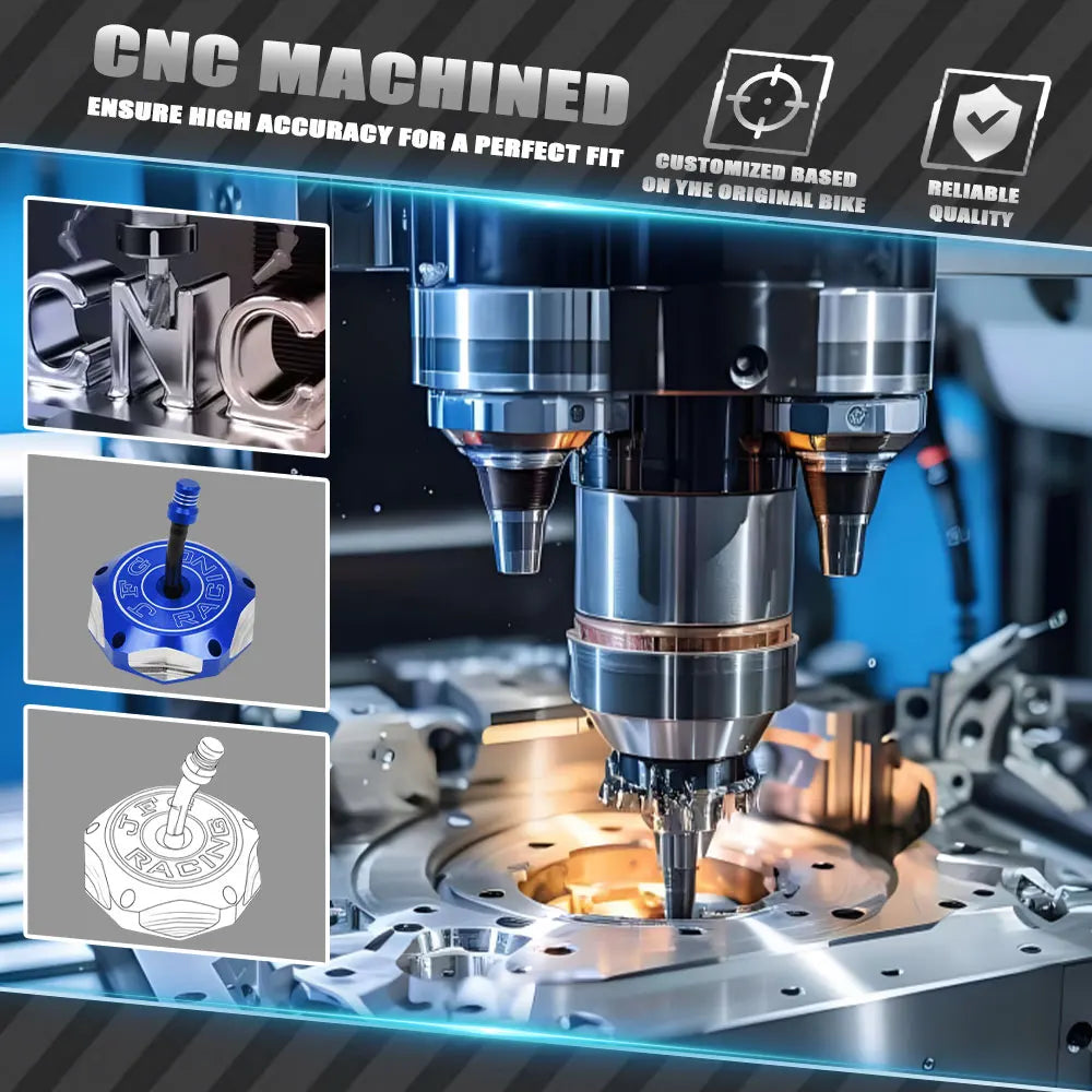 CNC machined aluminum fuel tank cap for a motorcycle, showing precision manufacturing.