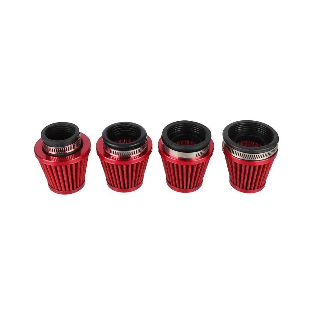 Quatre kits d'induction de filtre à air pour moto rouges avec filtres en maille noire