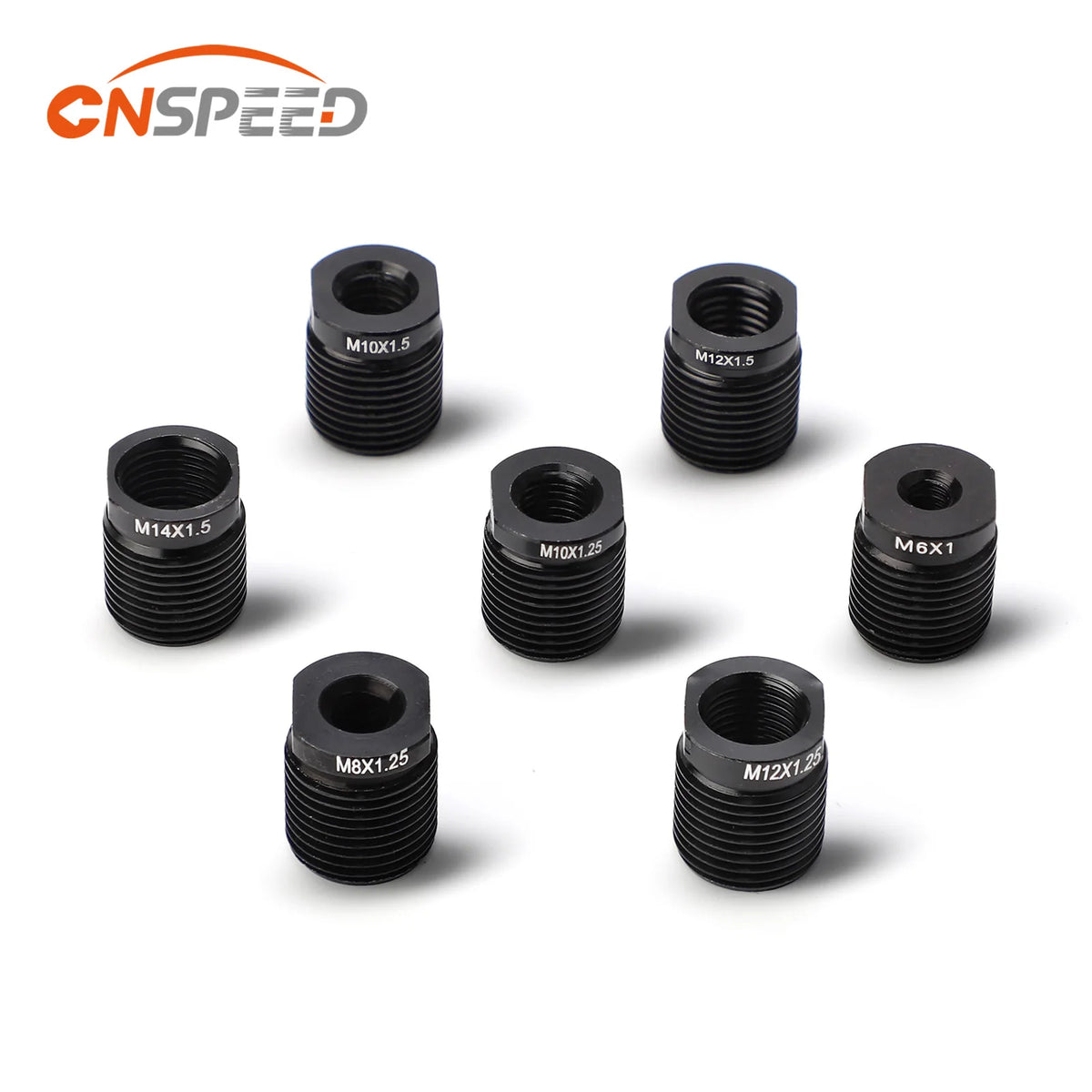 A collection of various metric thread adapters and fittings for automotive or mechanical applications.
