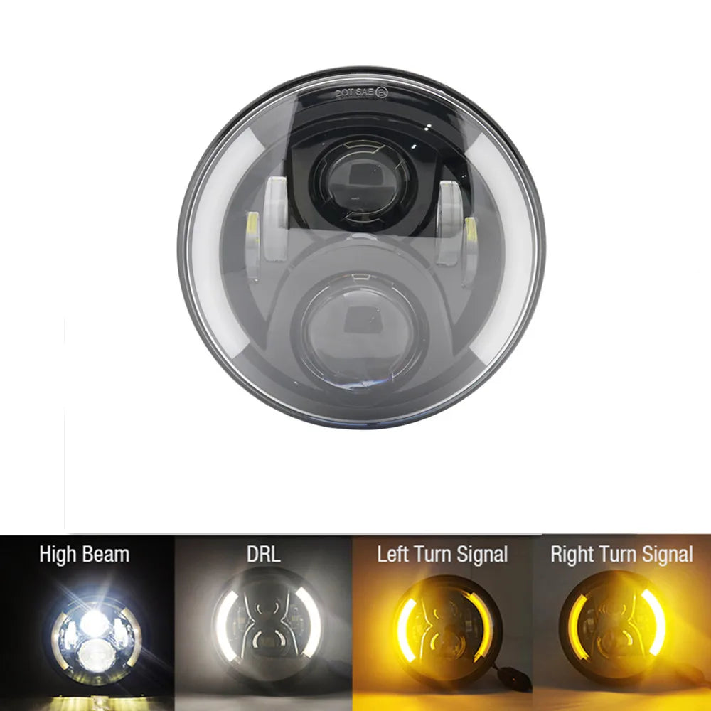 A clear plastic housing for a 7 inch motorcycle LED headlight with high beam, DRL, and turn signals.