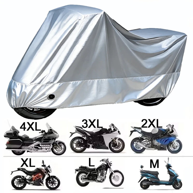 A silver waterproof protection cover for a motorcycle, shown in various sizes from 4XL to M.
