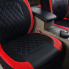 Close-up view of a black and red quilted PU leather car seat cover with a beige interior background.