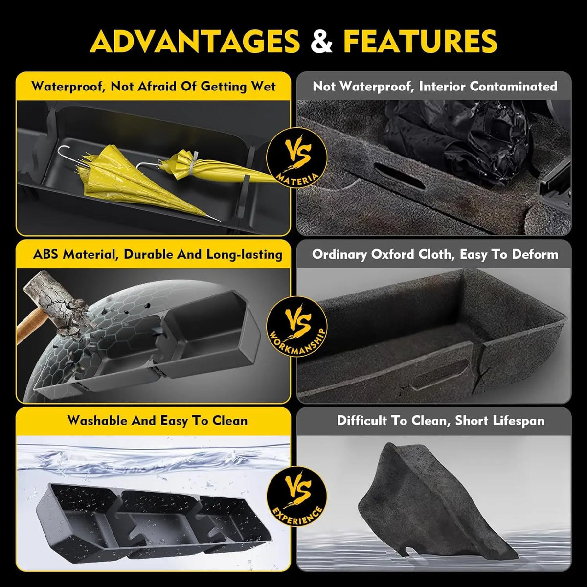 Comparison chart showing advantages and features of an under seat storage box for Ford trucks against inferior alternatives.