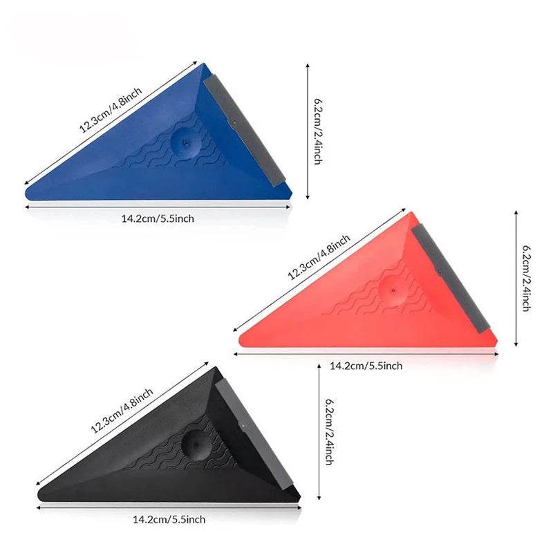 Three multi-edge triangle squeegees in blue, red, and black shown with dimensions.