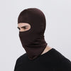 A person wearing a dark brown all-weather windproof balaclava face mask.