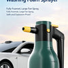 A green electric foam sprayer bottle is shown next to a white car, demonstrating its use for car washing.