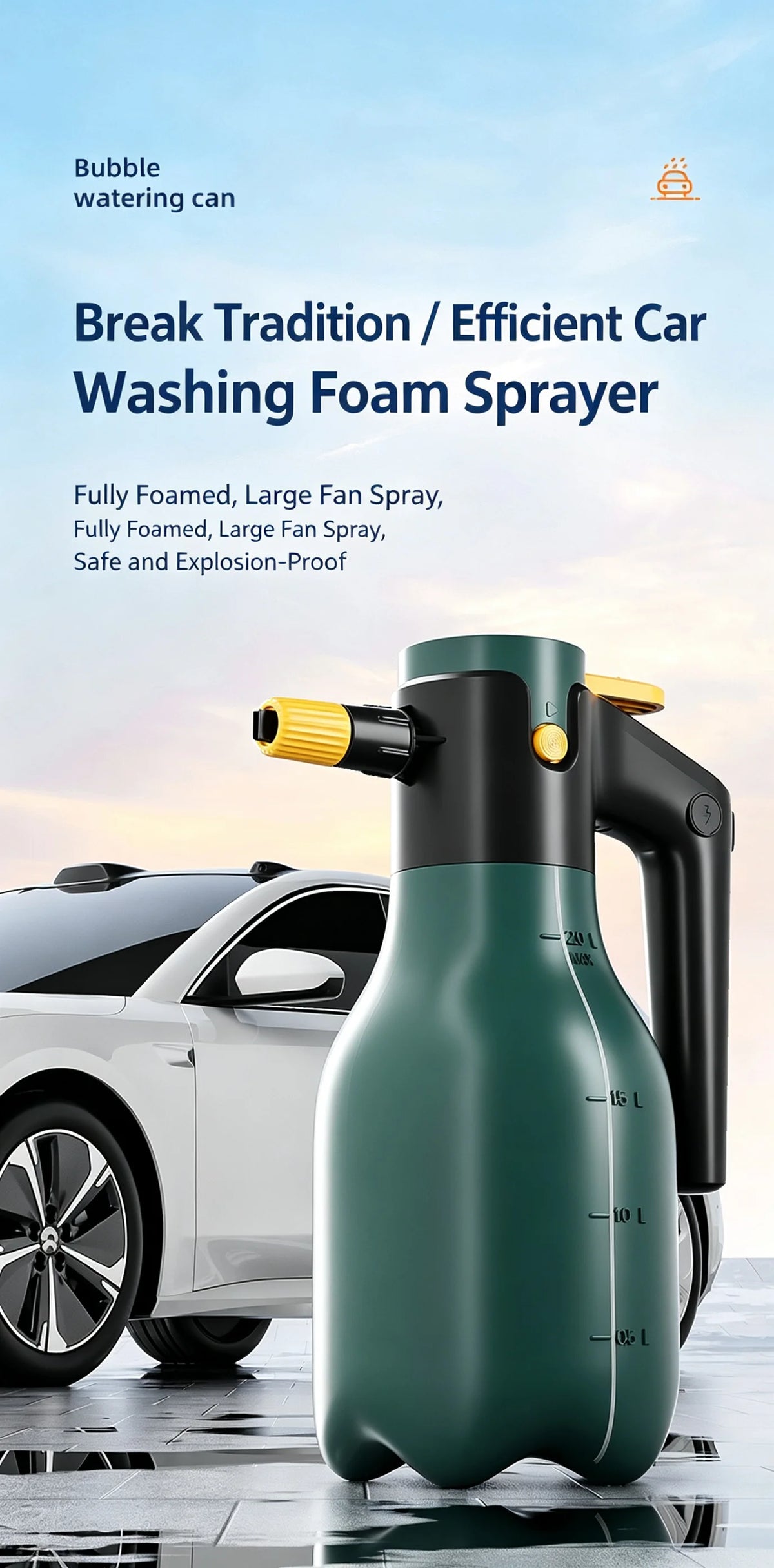 A green electric foam sprayer bottle is shown next to a white car, demonstrating its use for car washing.