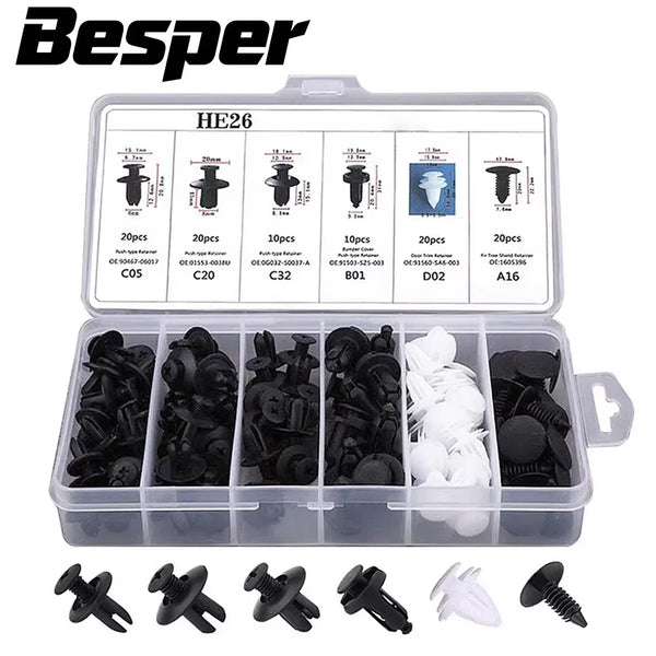 A box of HE26 universal auto fastener clips for trim and body repair showing various sizes and types of black and white clips