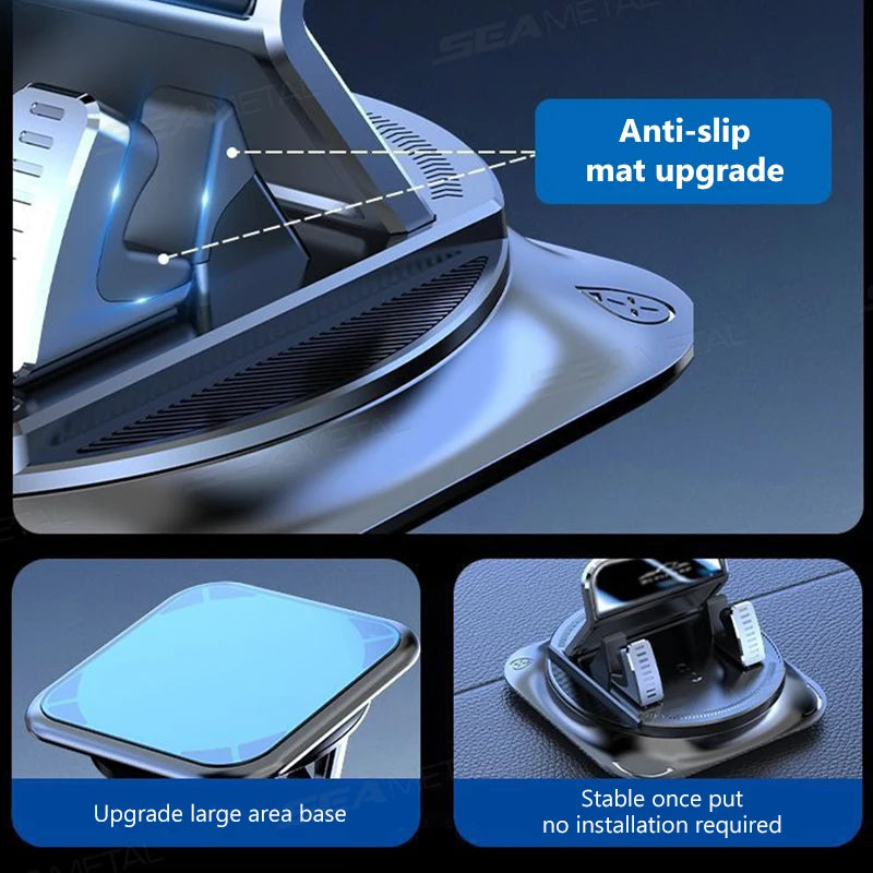 Nahaufnahme eines silbernen Auto-Armaturenbrett-Handyhalters mit rutschfestem Aufsatz und breiter Basis für stabile Platzieru