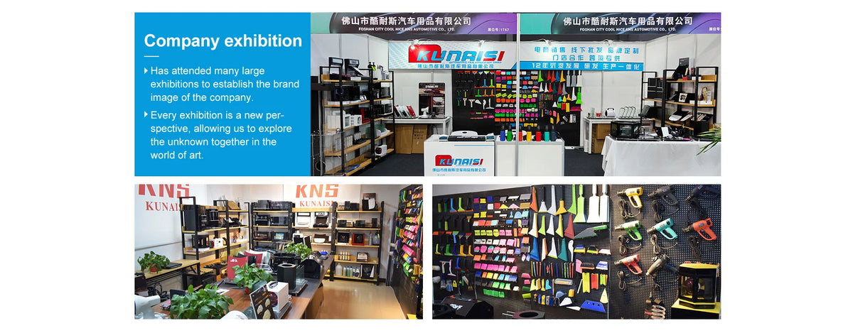 Various tools and equipment used for car window film installation are displayed on shelves.