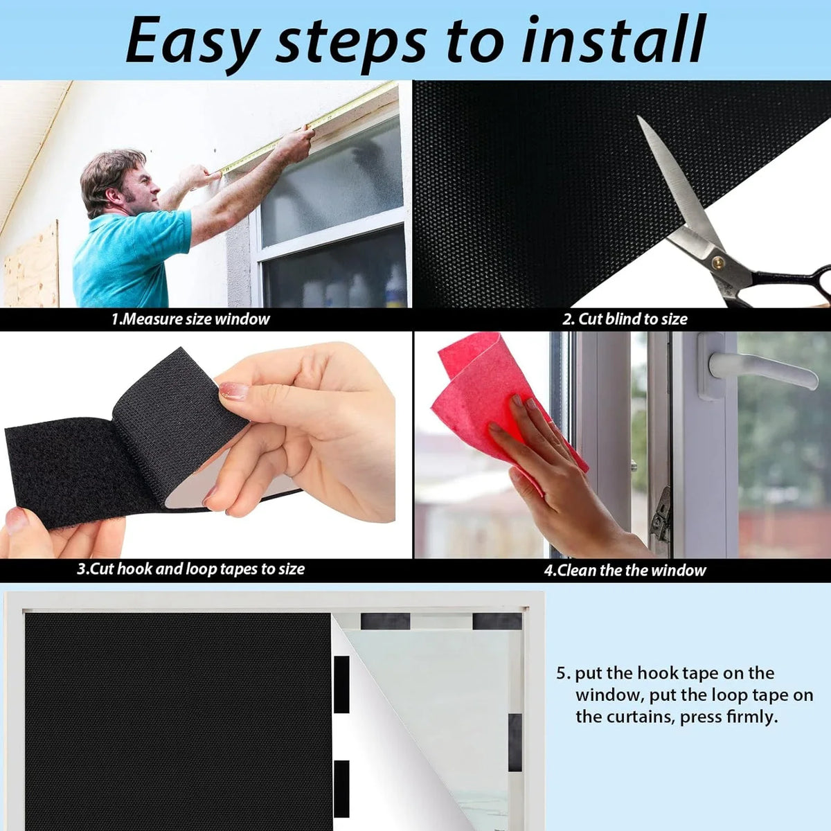 Instructions for installing a No-Drill Blackout Sunscreen Window Shade, showing steps like measuring, cutting, and hooking th