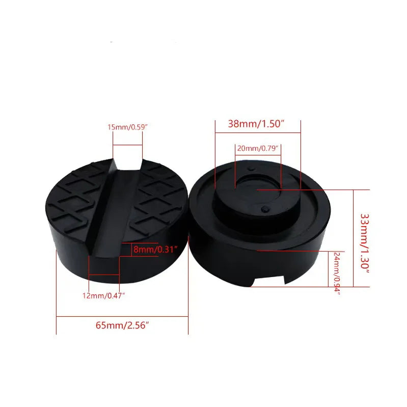 Black universal rubber jack pad designed for frame rail protection with various dimensions.