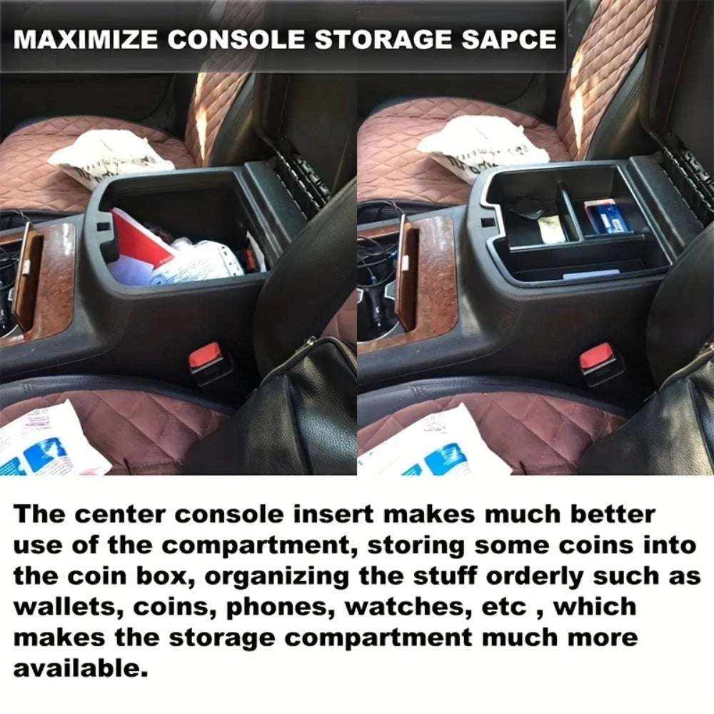 Close-up view of a center console insert maximizing storage space in a vehicle