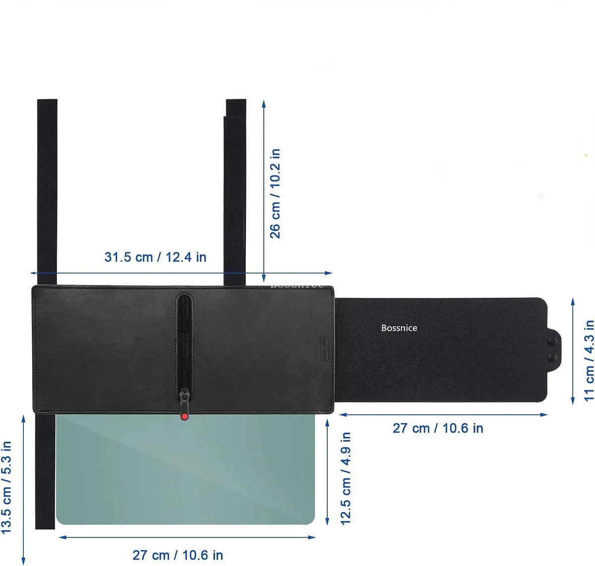 A black universal car sun visor extender with a clear lens, showing its dimensions.
