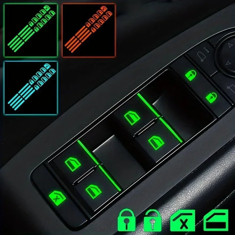 Close-up of a black car window button decal with green LED lights and various security icons.