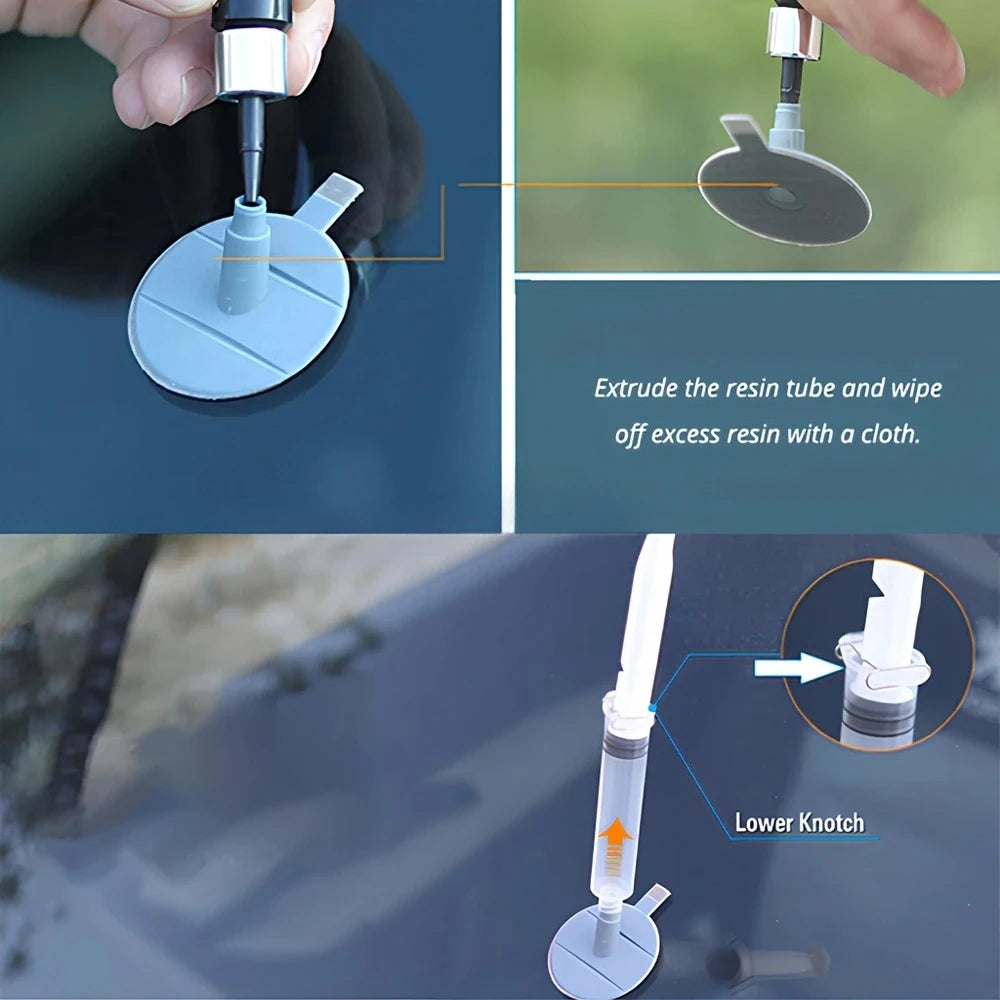 A professional windshield repair kit showing a tool for extruding resin and a lower knot component.