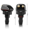A black universal car windshield washer nozzle with a threaded base and a clear lens.