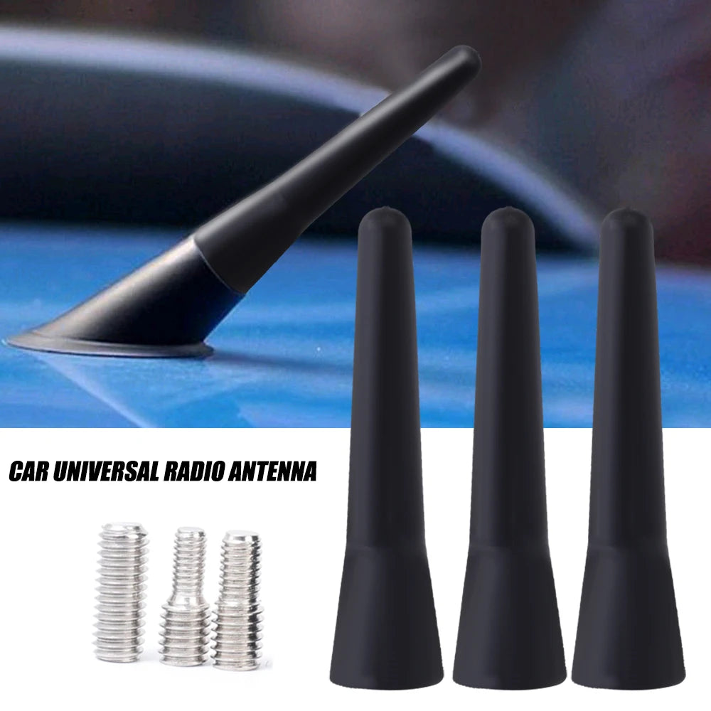 Black universal radio antenna components including a main antenna and several conical tips.