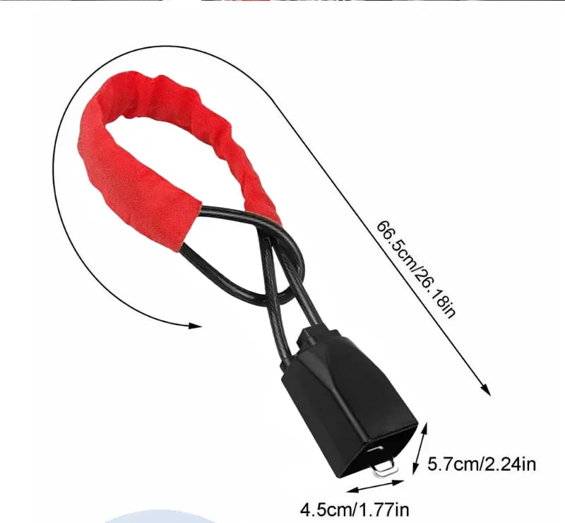 A red anti-theft lock featuring a steering wheel and seatbelt mechanism with various dimensions shown.