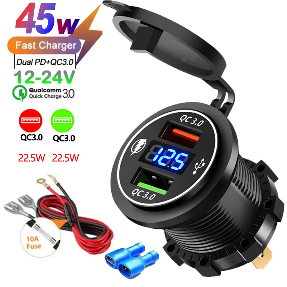 A black multi-port PD/QC car charger adapter with cables and a fuse shown on a white background.