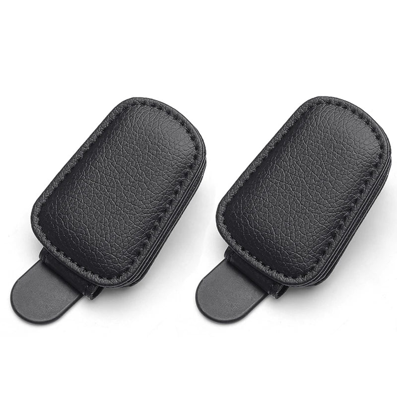 Black magnetic leather sunglasses holder designed to secure glasses in car sun visors
