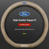 A brown steering wheel cover for a Ford vehicle, featuring the Ford logo and text.
