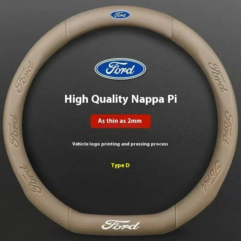 A brown steering wheel cover for a Ford vehicle, featuring the Ford logo and text.