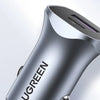 Silver UGREEN 30W Dual-Port USB-C fast car charger with a sleek, modern design.