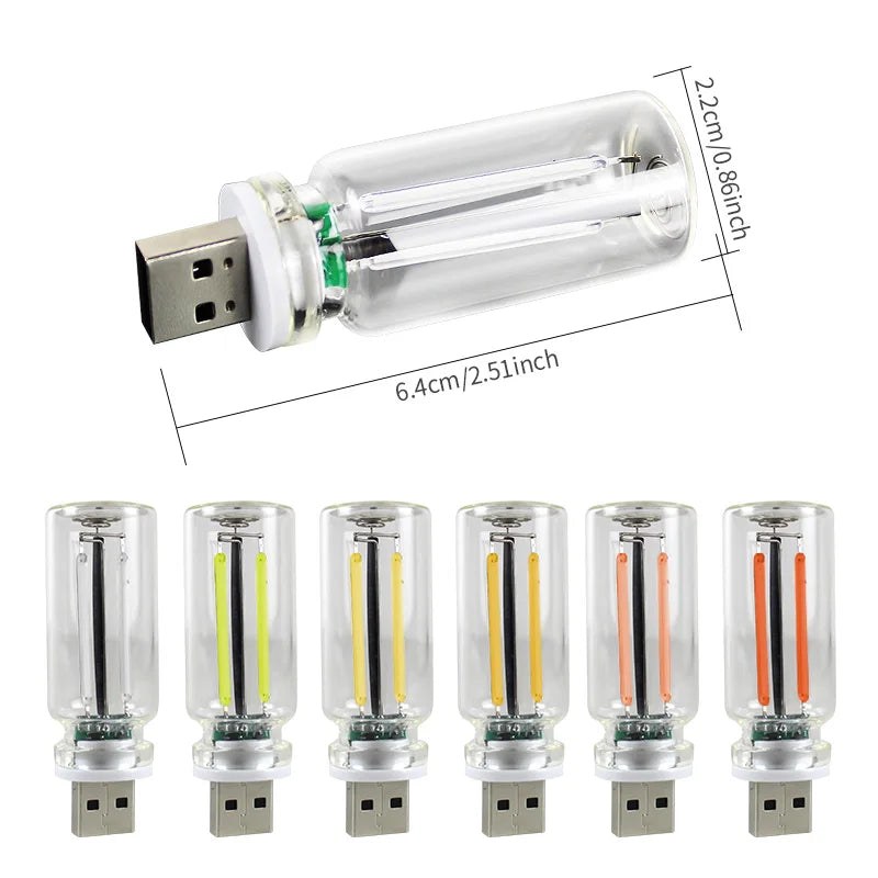 Set aus fünf klaren LED-Auto-Nachtlichtern mit USB-Anschlüssen und verschiedenen Lichtoptionen.