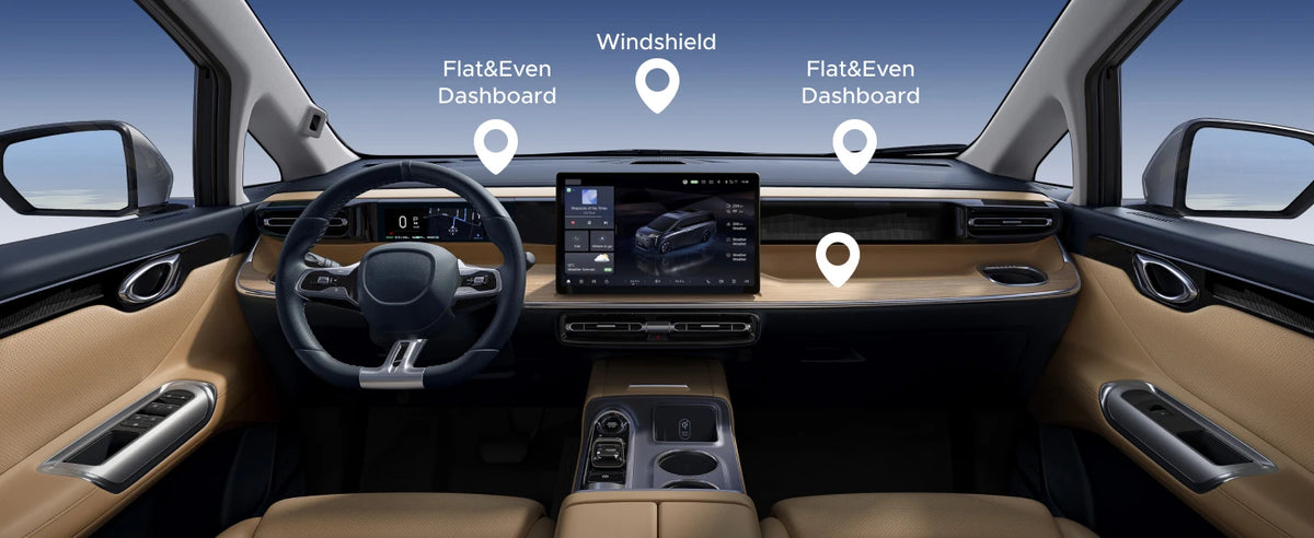 Interior view of a car showing a flat and even dashboard with a magnetic phone mount.