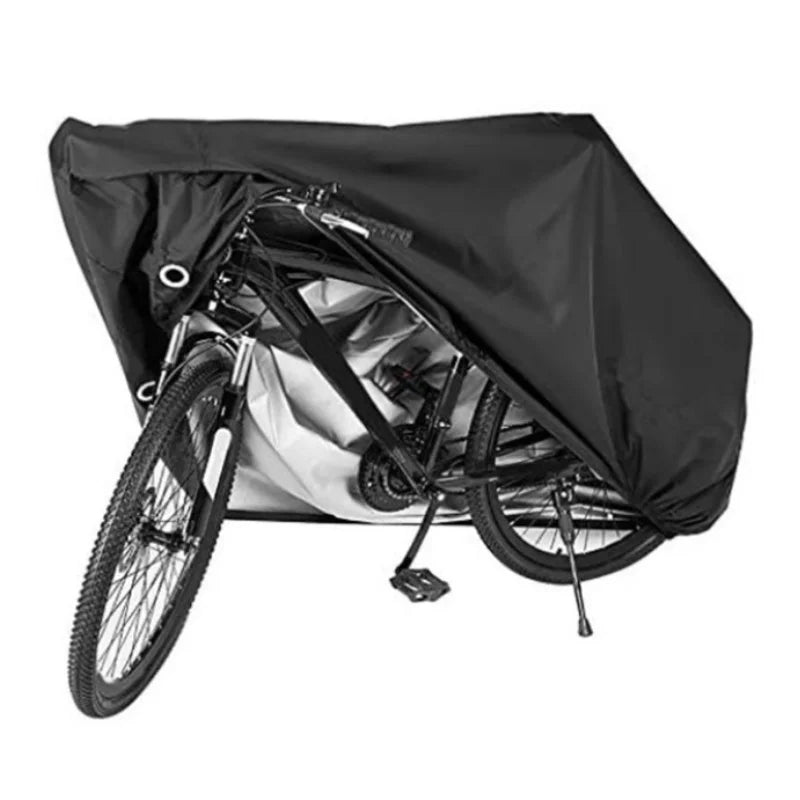 Black all-weather bicycle cover with a lock hole shown folded over a bicycle.