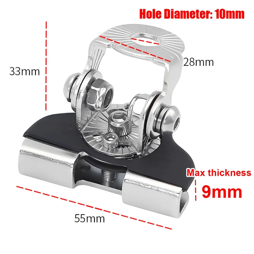 Support de montage argenté pour un trou de 10mm, conçu pour fixer une barre lumineuse, avec des dimensions de 33mm et 55mm.