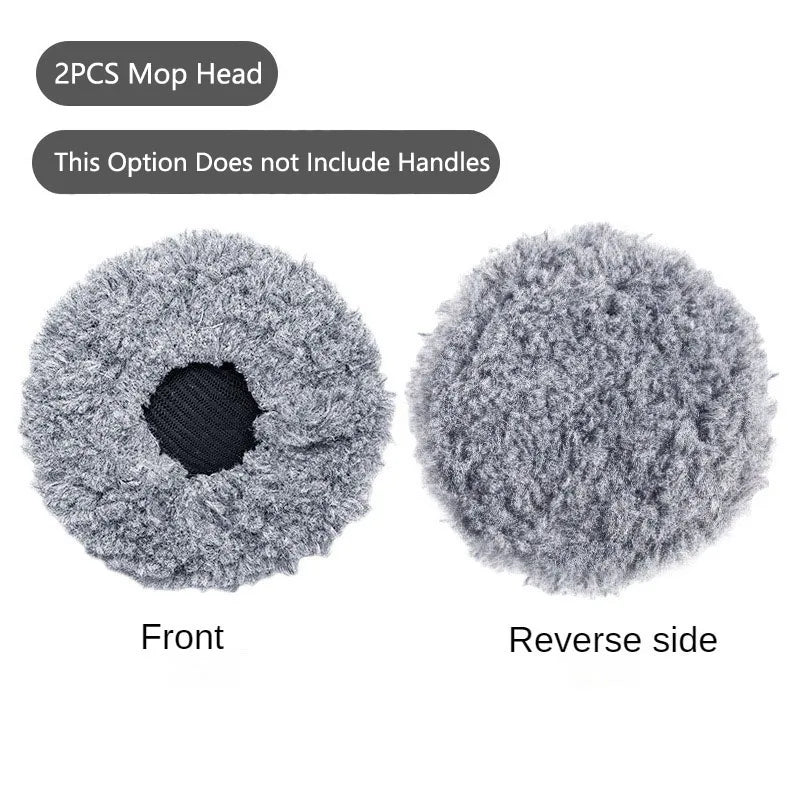 Two grey mop heads shown from the front and reverse side, indicating a 2PCS mop head option.