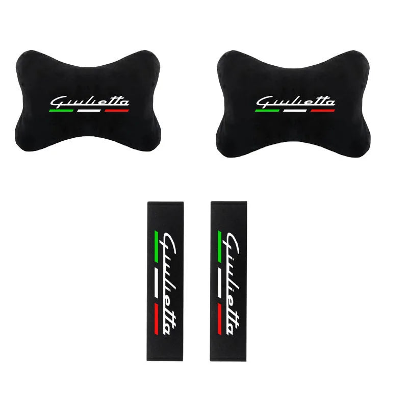 Black shoulder cushion for a car seat belt featuring the Giulietta logo in green, white, and red.