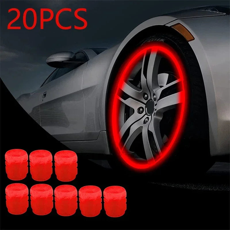 20 cache-écrous lumineux rouges pour roues, à côté d'une roue de voiture à jante lumineuse.