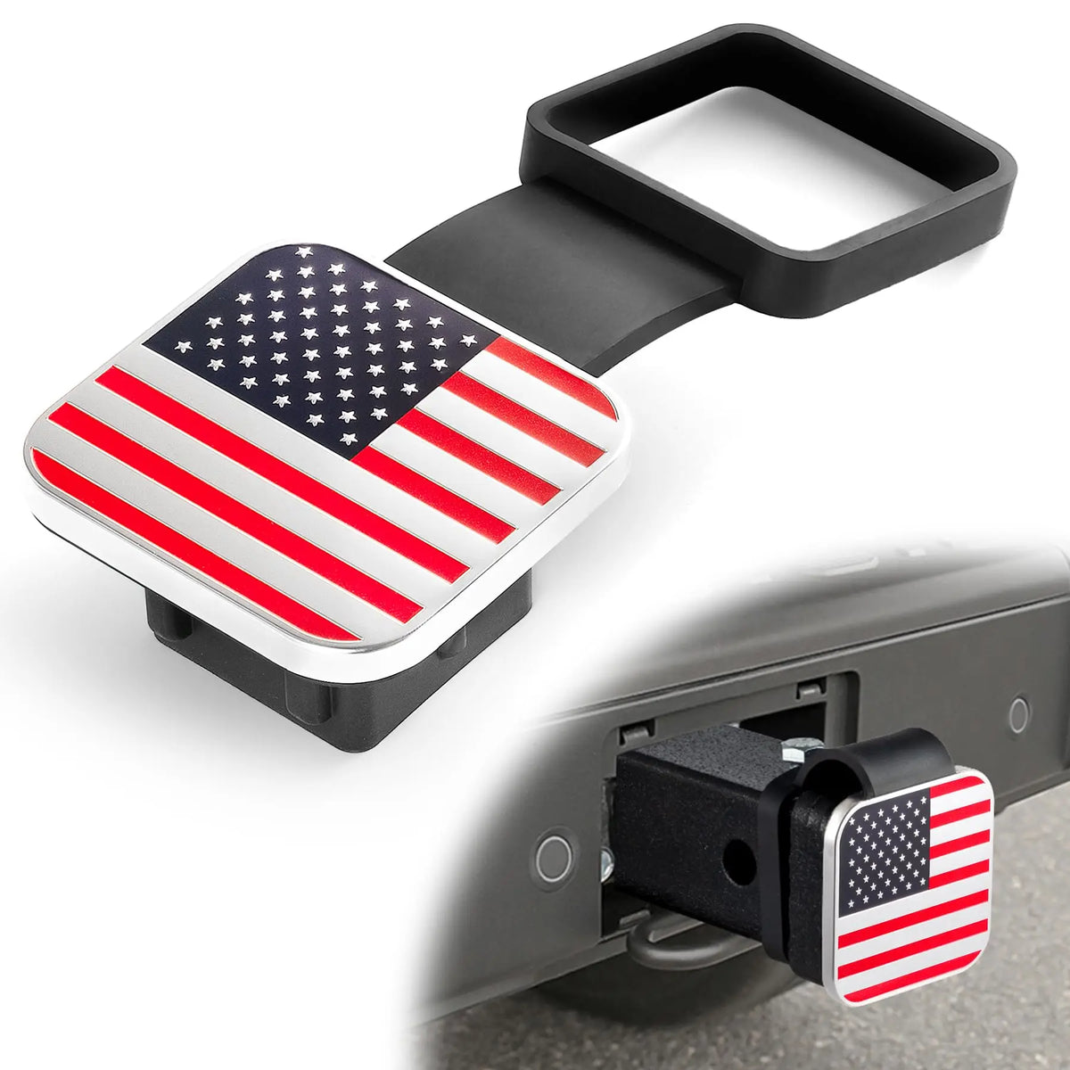 A black universal trailer hitch receiver cover with an American flag design, shown attached to a silver hitch receiver.