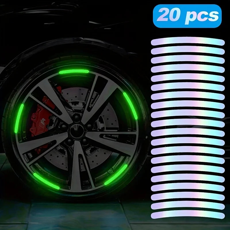 A set of 20 reflective car wheel decals with green and purple light effects.