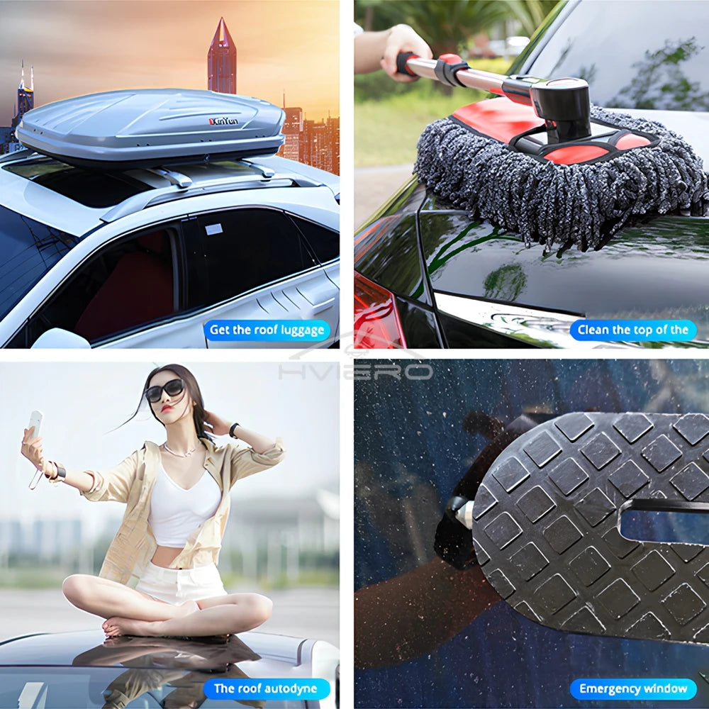 A multi-functional car roof access step and hook is shown being used to clean the top of a car, with an emergency window visi