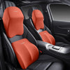 Orange ergonomic car headrest cushion with Sucardy branding installed in a car seat.