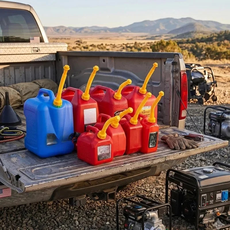 A red and blue fuel transfer spout kit with vent caps is displayed on a truck bed.