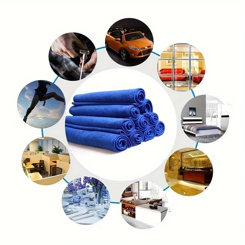 A collection of microfiber cleaning cloths and related automotive care products shown in various contexts.