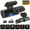 A black dual-lens dashcam is shown with its main unit and a separate camera module, along with various features listed below.