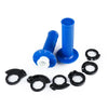 A set of blue and black universal motorcycle handlebar grips including a cylindrical grip and various mounting adapters.