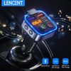A Lucent Bluetooth car audio transmitter device is shown with a rotating base and features indicators for Bluetooth 5.0 and 2