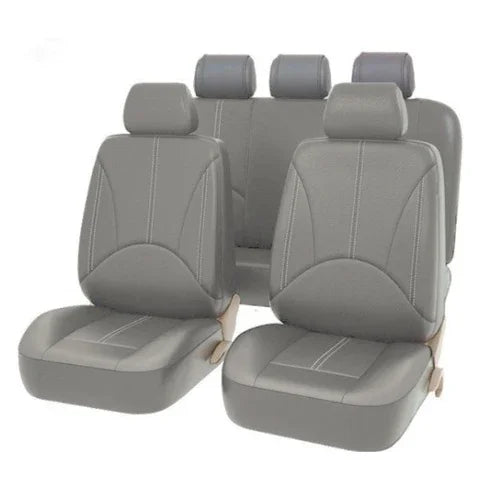 A set of gray universal PU leather car seat covers for a vehicle.