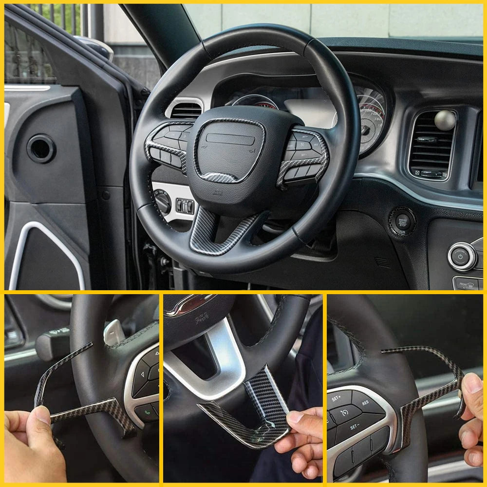Close-up view of a black steering wheel trim cover installed on a vehicle's steering wheel.