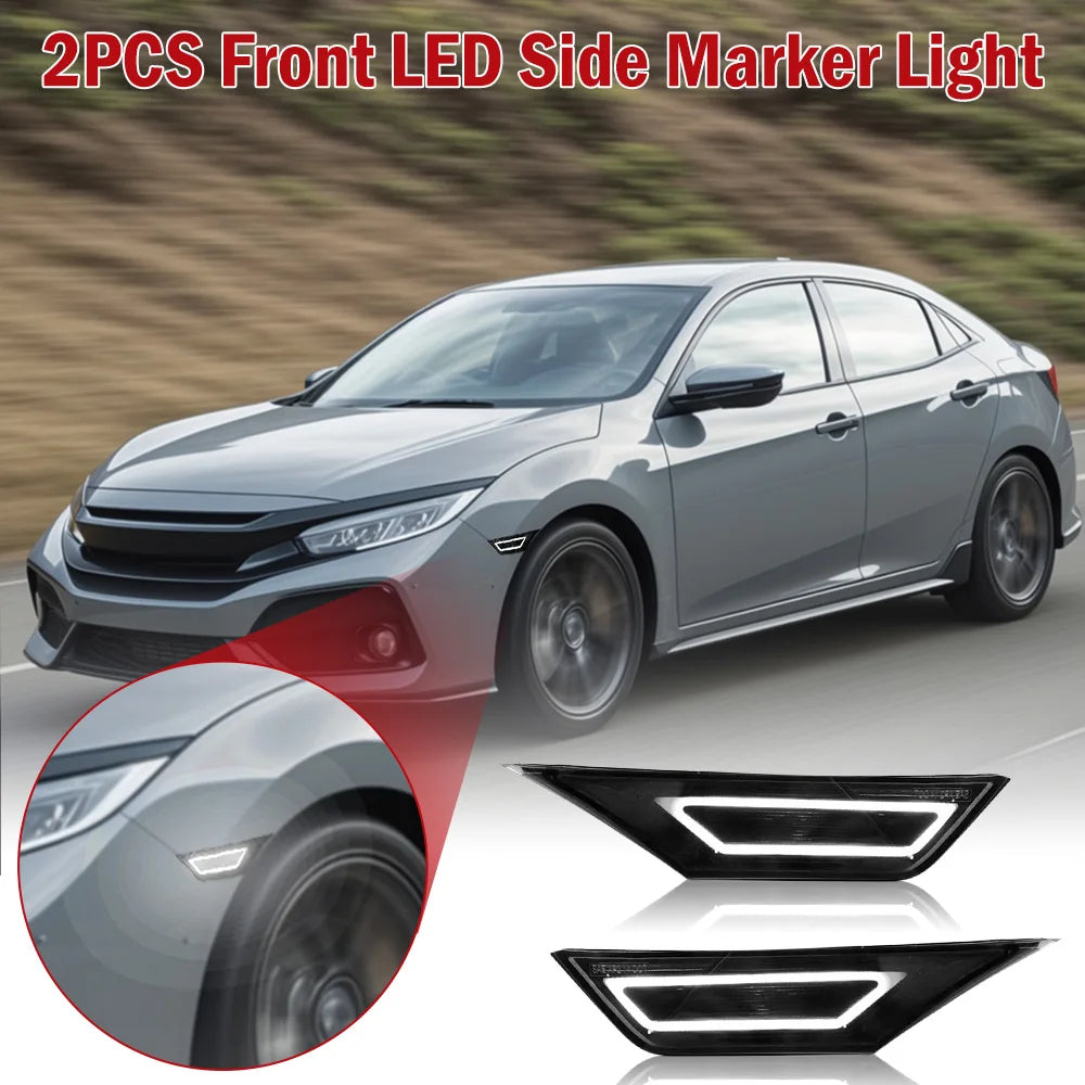 Two pairs of front LED side marker lights installed on a silver sedan, showing close-ups of the lights.