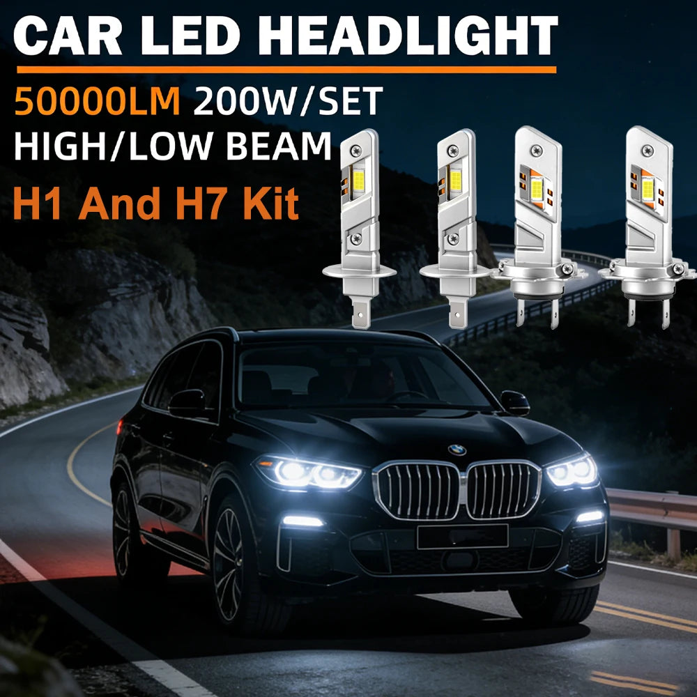 A black BMW car with aftermarket LED headlights installed, featuring H1 and H7 bulbs.